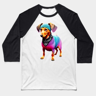 Cute Dachshund in Colorful Handmade Knitted Clothes and Headband Baseball T-Shirt